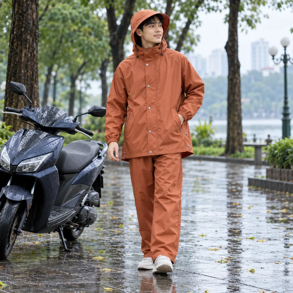 Áo Mưa Bít Cam Đất Vải Dù Tổ Ong với người mẫu Việt Nam
