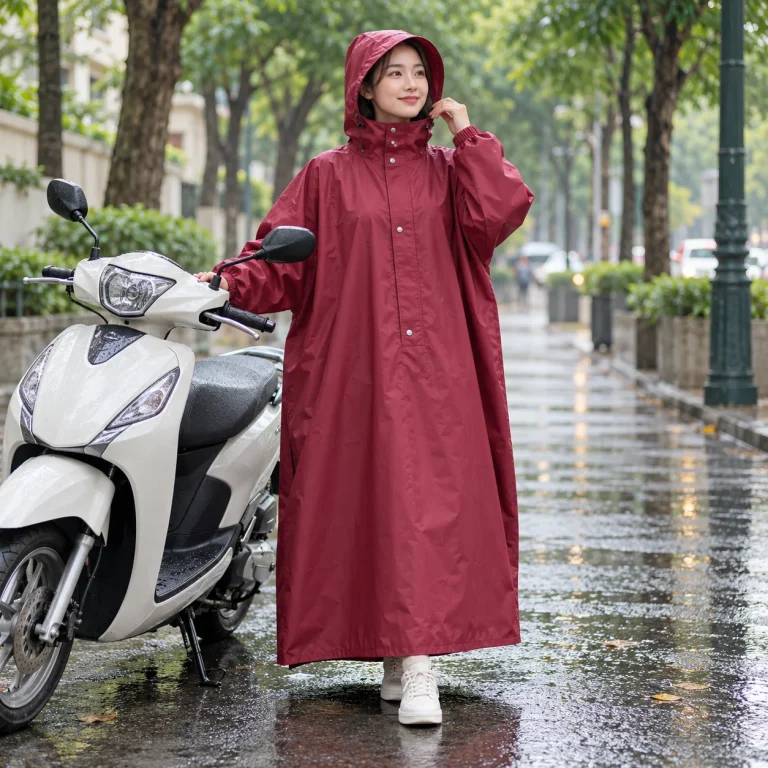 Áo Mưa Bít Đỏ Đô Phom Rộng Chống Tạt với người mẫu Việt Nam