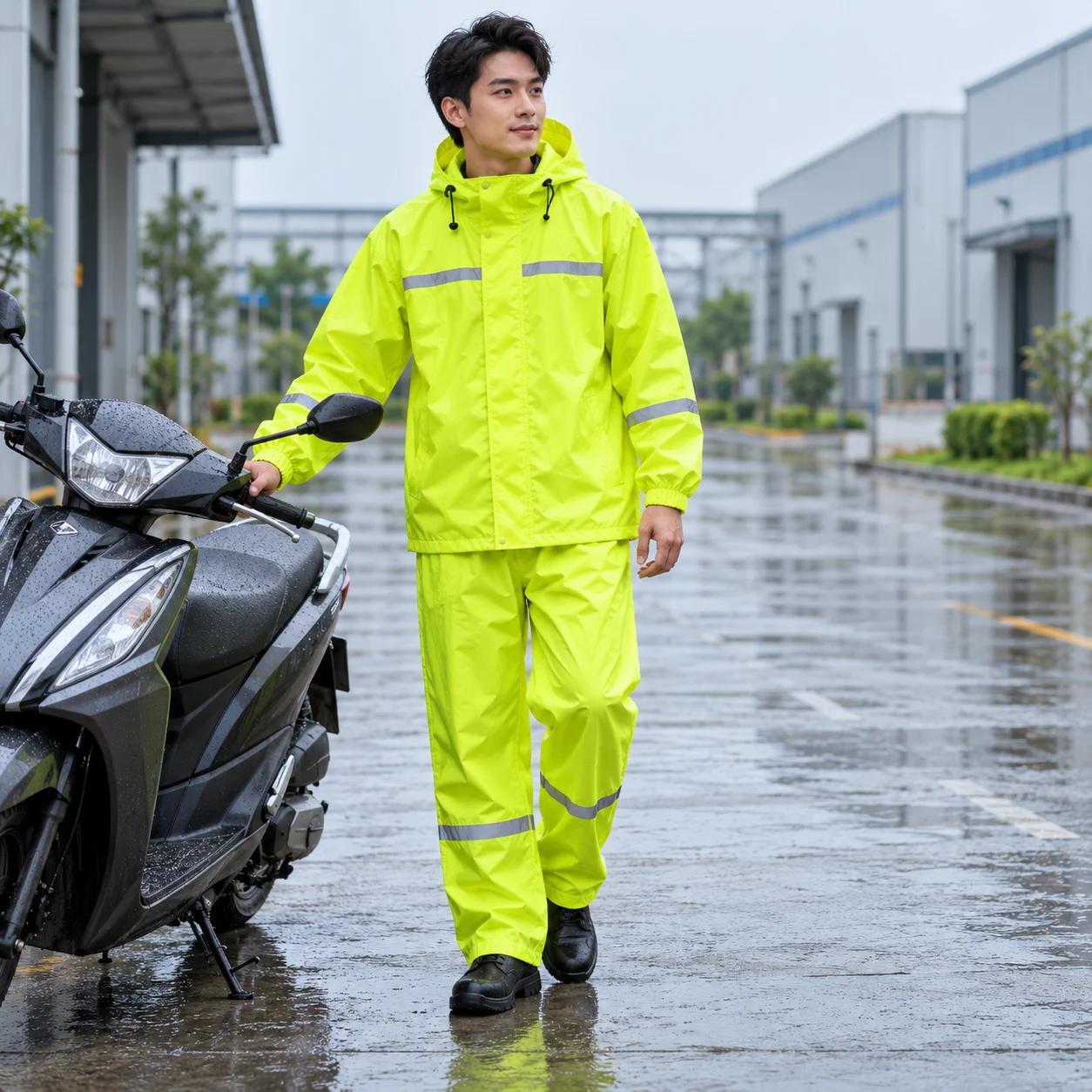 Áo Mưa Bít Vàng Chanh Dễ Nhận Diện Ngoài Trời với người mẫu Việt Nam