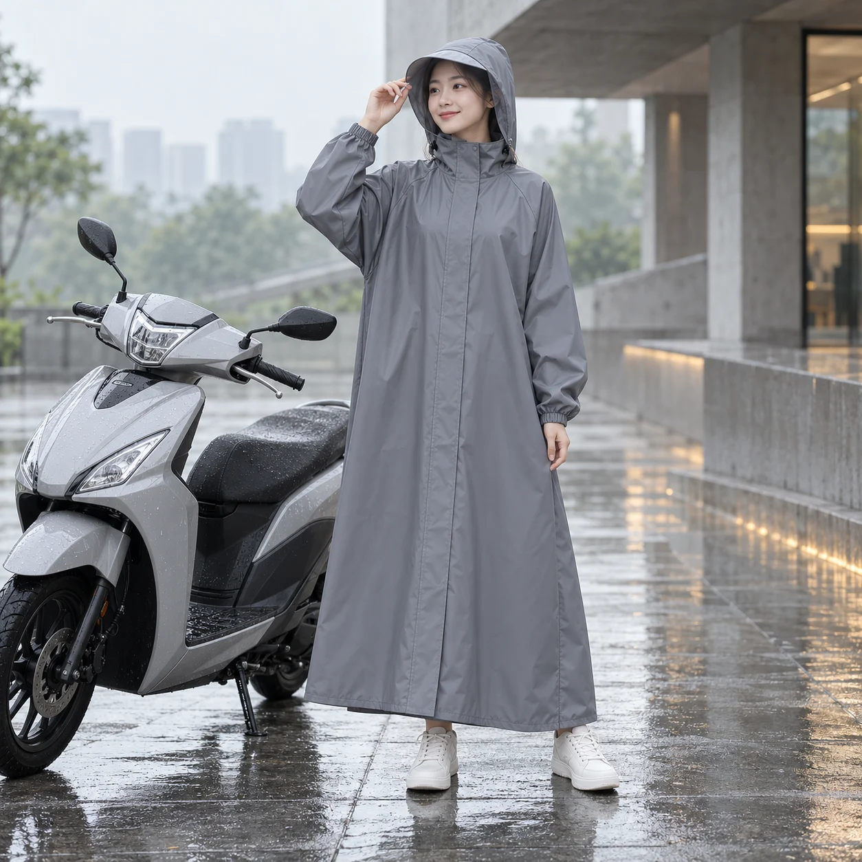 Áo Mưa Bít Xám Khói Có Tay Phong Cách Tối Giản với người mẫu Việt Nam