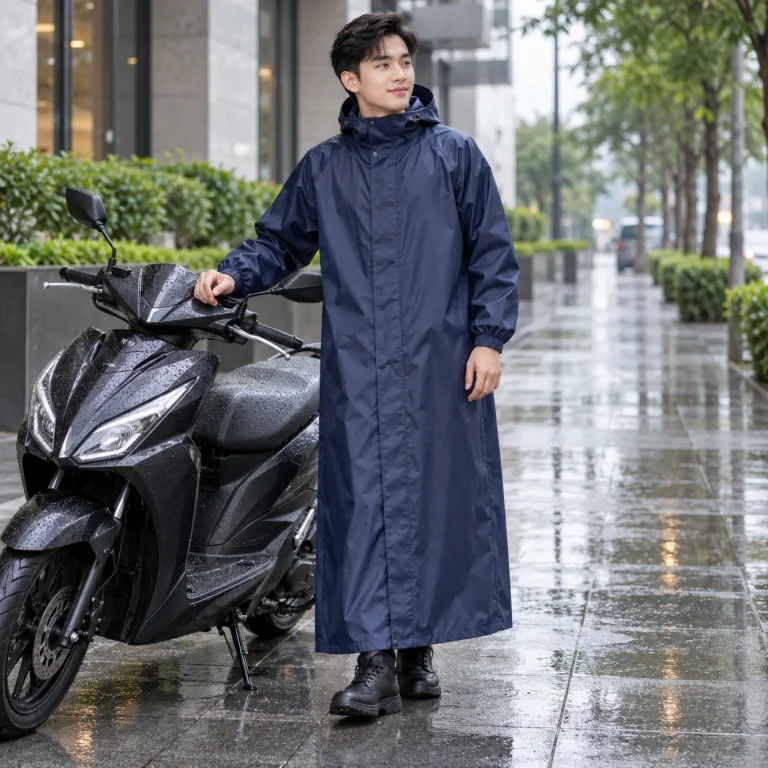 Áo Mưa Bít Xanh Đen Vải Dù Liền Thân với người mẫu Việt Nam