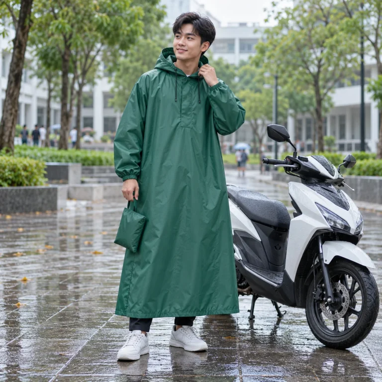 Áo Mưa Bít Xanh Lá Siêu Nhẹ Gấp Gọn với người mẫu Việt Nam