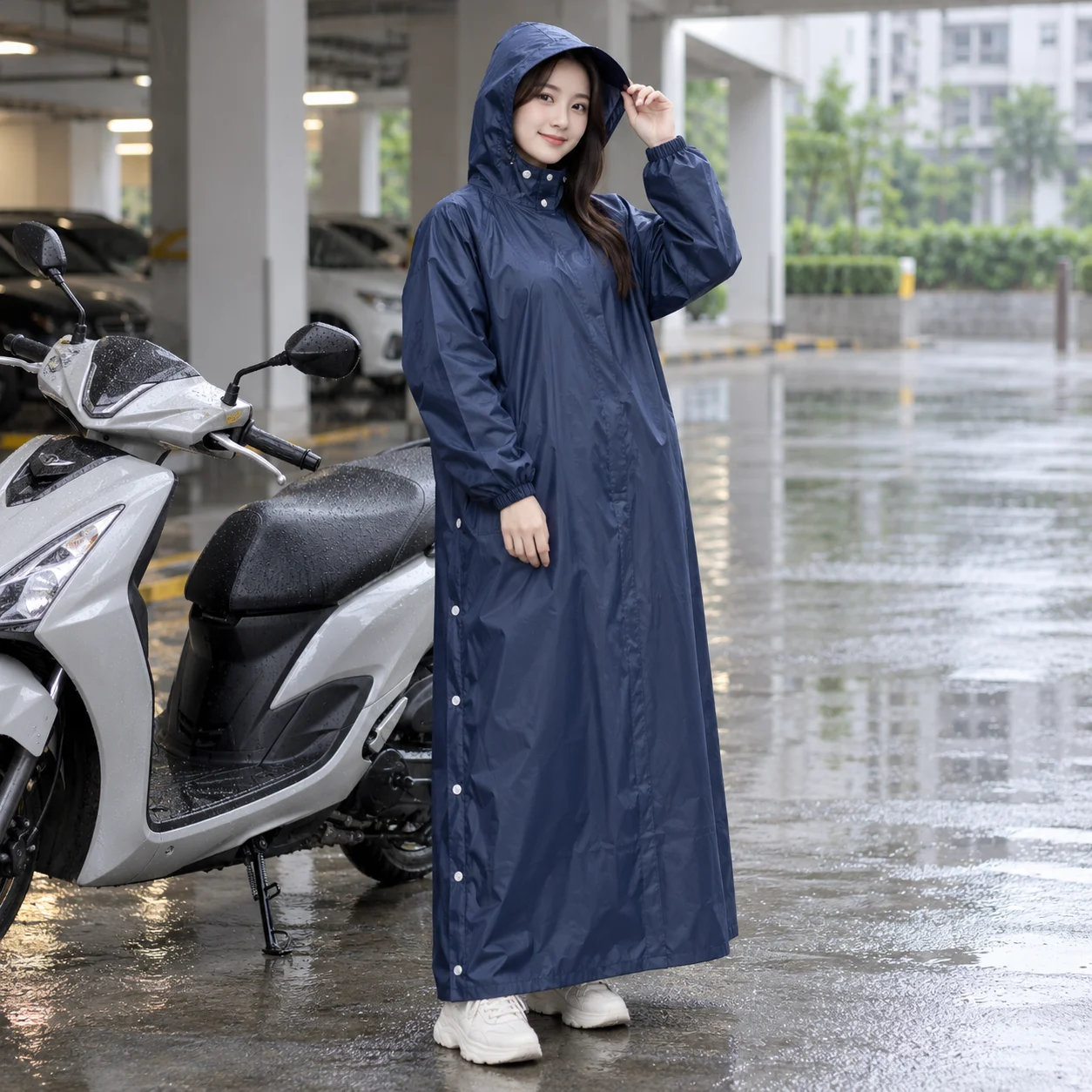 Áo Mưa Bít Xanh Than Tay Bo Chun Gọn Gàng với người mẫu Việt Nam