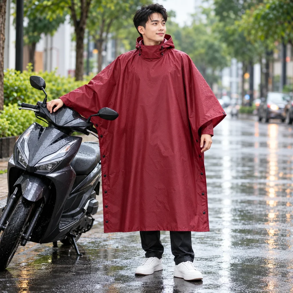 Áo Mưa Cài Cạnh Đỏ Đô Vải Dù Bền Màu với người mẫu Việt Nam