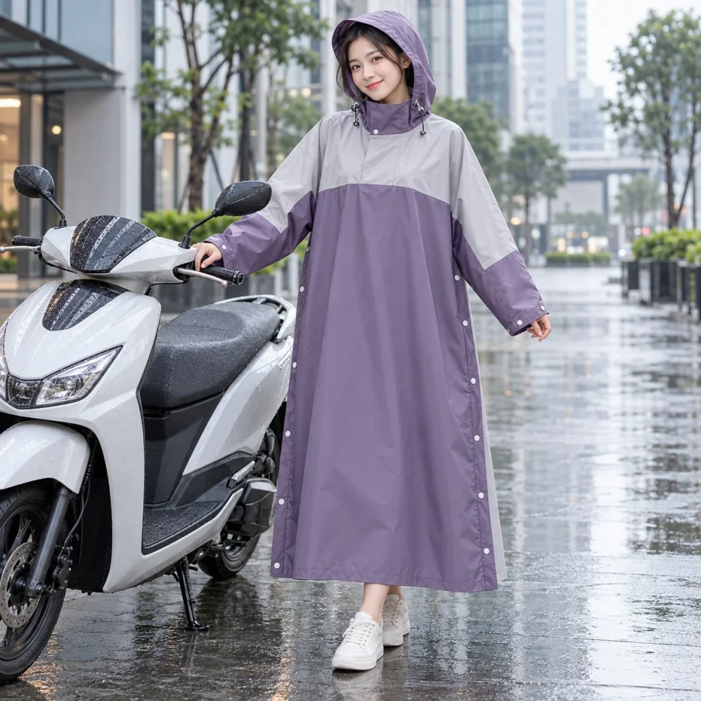 Áo Mưa Cài Cạnh Tím Khói Phối Màu Thời Trang với người mẫu Việt Nam