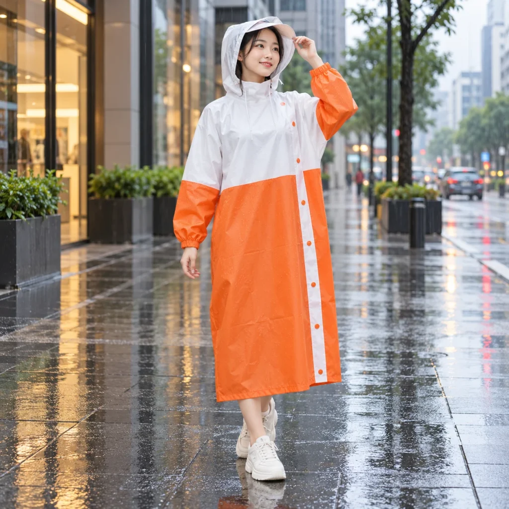Áo Mưa Cài Cạnh Trắng Cam Hiện Đại với người mẫu Việt Nam
