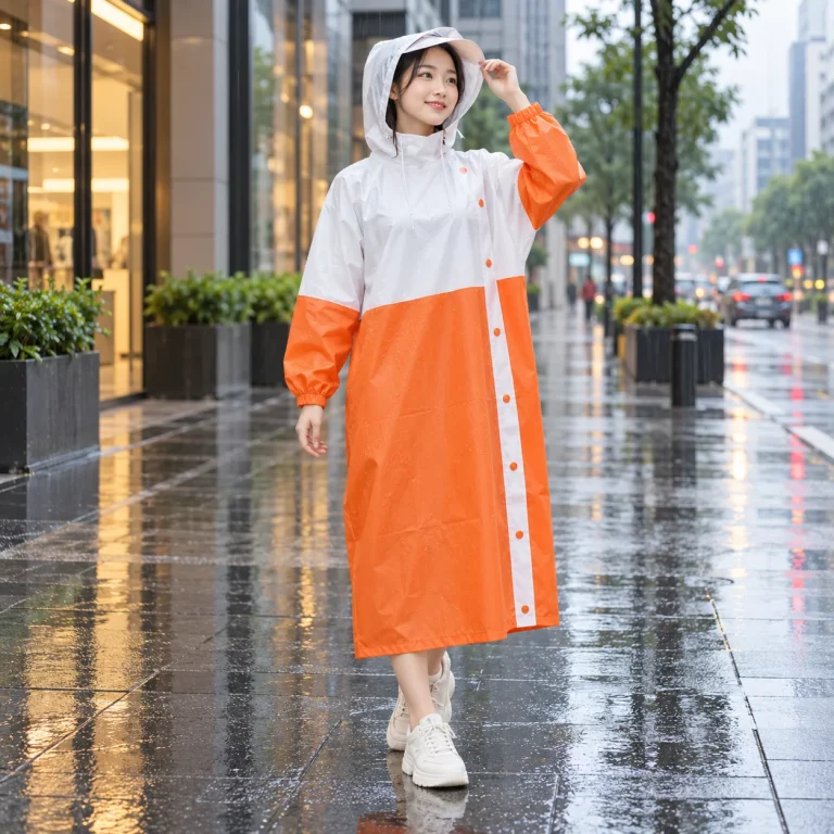 Áo Mưa Cài Cạnh Trắng Cam Hiện Đại với người mẫu Việt Nam