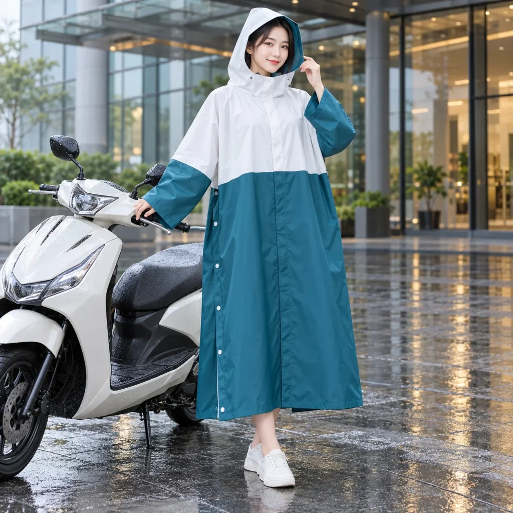 Áo Mưa Cài Cạnh Trắng Xanh Cổ Vịt Thanh Lịch với người mẫu Việt Nam