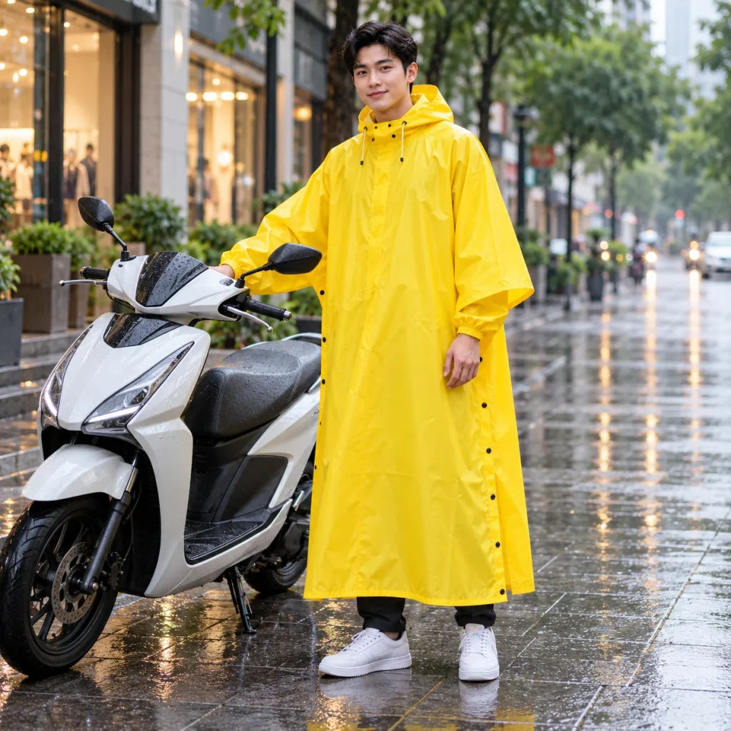 Áo Mưa Cài Cạnh Vàng Tươi Dễ Nhận Diện với người mẫu Việt Nam