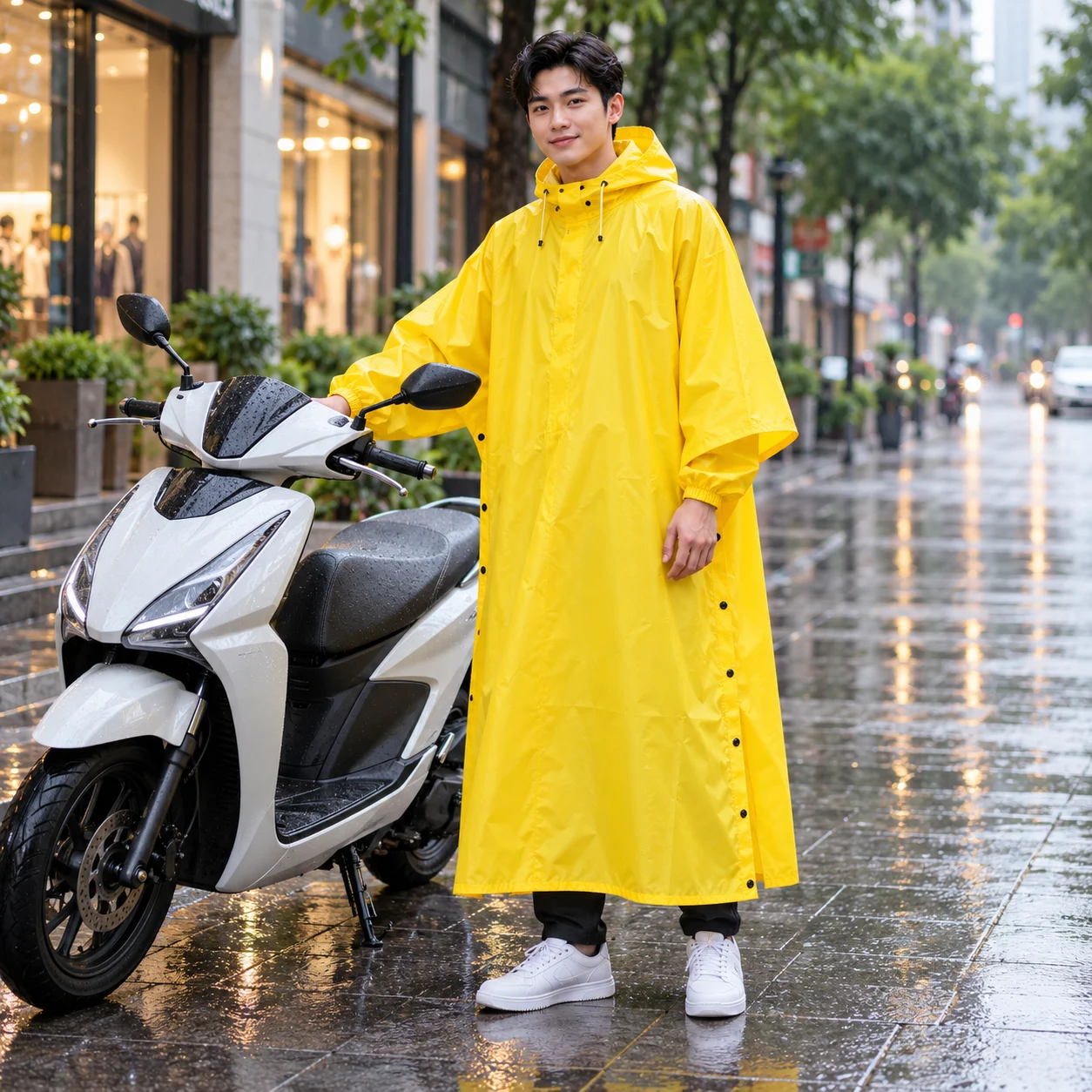 Áo Mưa Cài Cạnh Vàng Tươi Dễ Nhận Diện với người mẫu Việt Nam