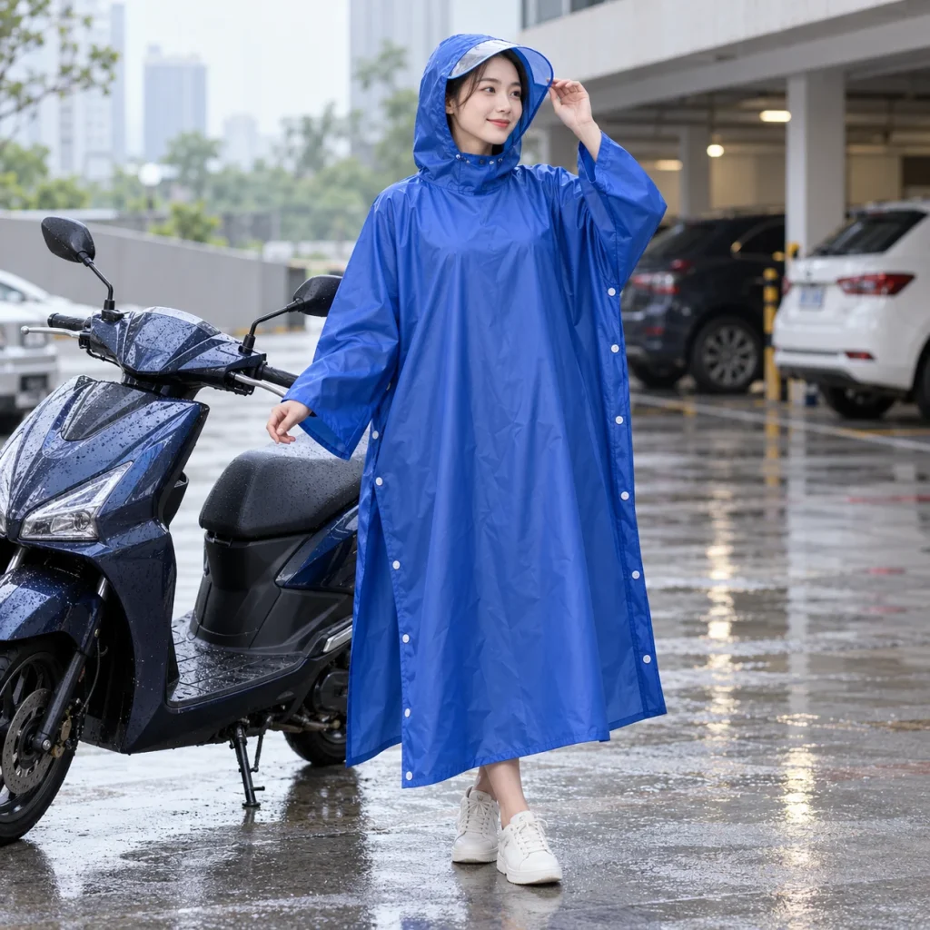 Áo Mưa Cài Cạnh Xanh Dương Gọn Nhẹ với người mẫu Việt Nam