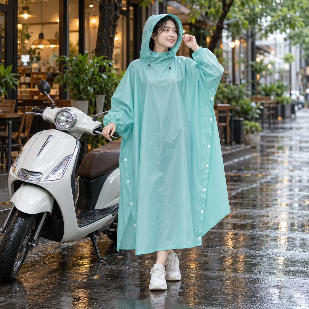 Áo Mưa Cài Cạnh Xanh Ngọc Mềm Nhẹ với người mẫu Việt Nam