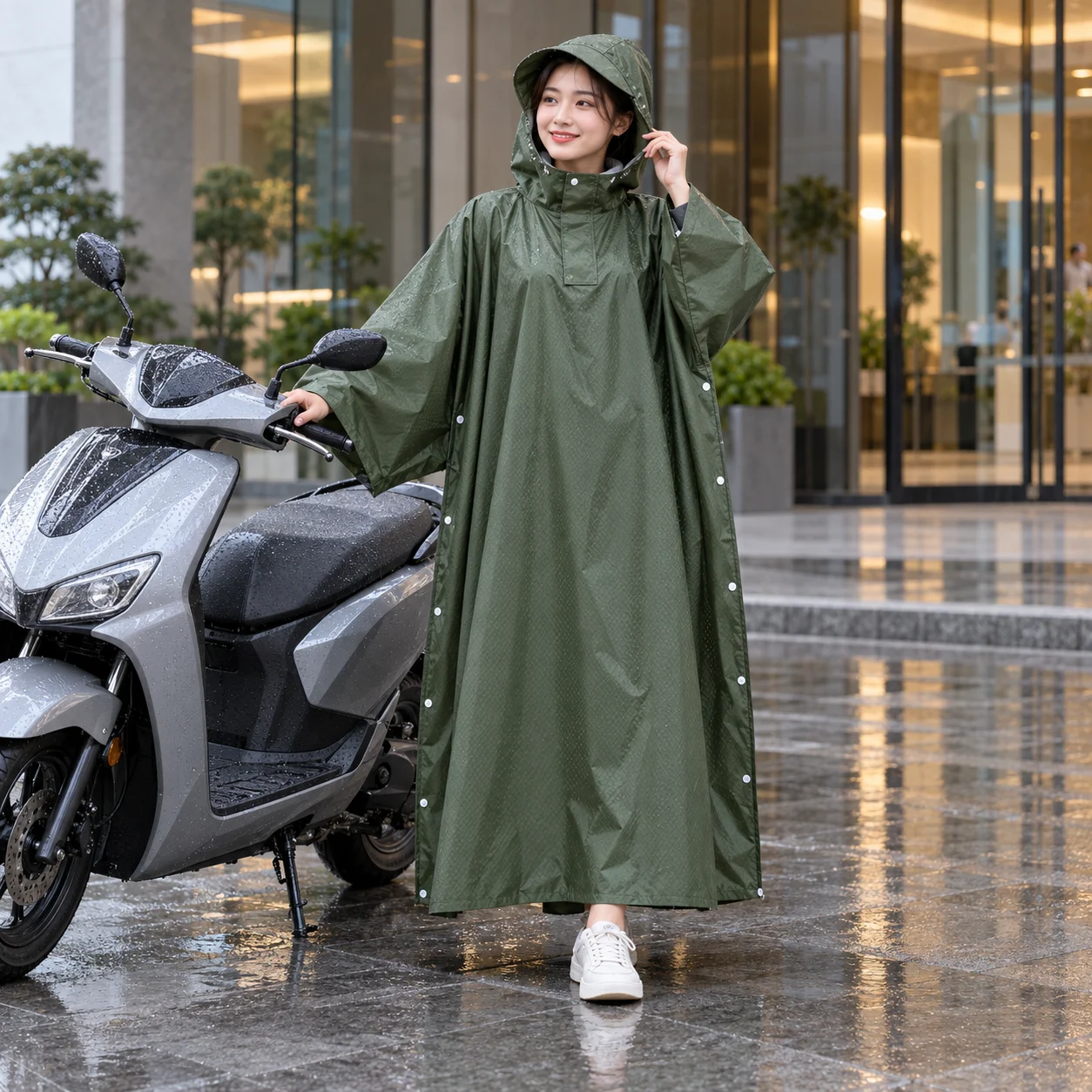 Áo Mưa Cài Cạnh Xanh Rêu Vải Dù Cao Cấp với người mẫu Việt Nam