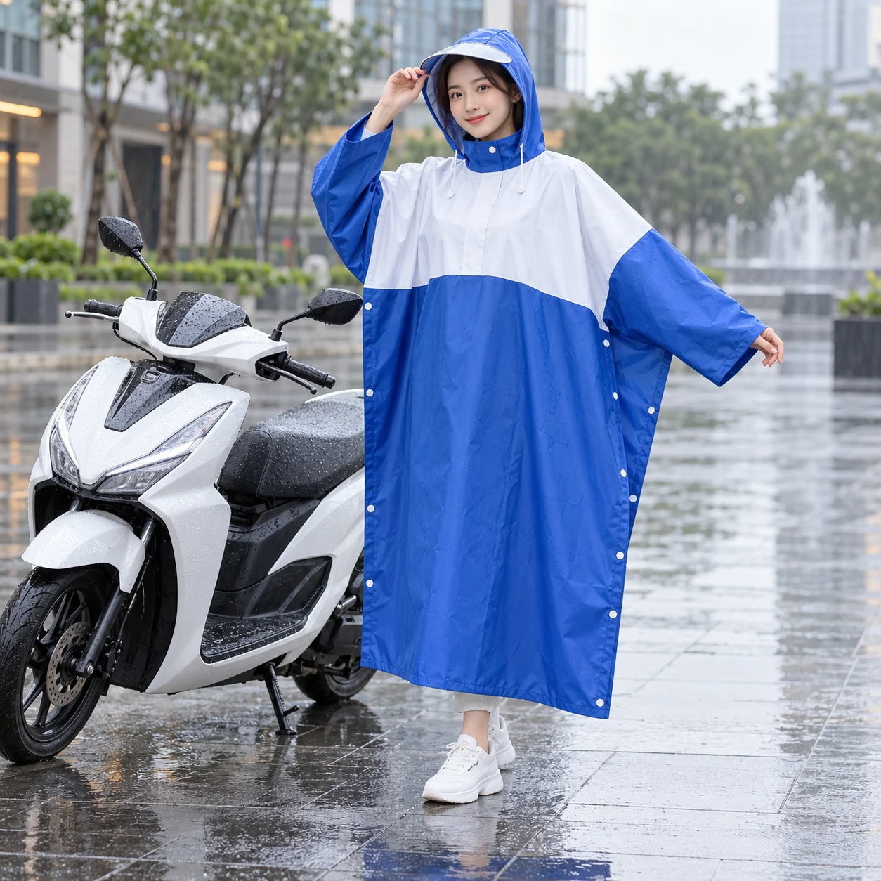 Áo Mưa Cài Cạnh Xanh Trắng Phối Khối với người mẫu Việt Nam