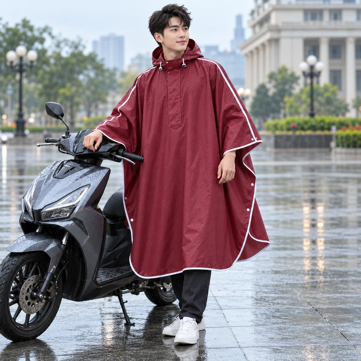 Áo Mưa Cánh Dơi Đỏ Đô Viền Trắng Thể Thao với người mẫu Việt Nam