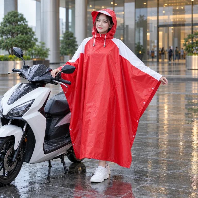 Áo Mưa Cánh Dơi Đỏ Tươi Phối Trắng Hiện Đại với người mẫu Việt Nam