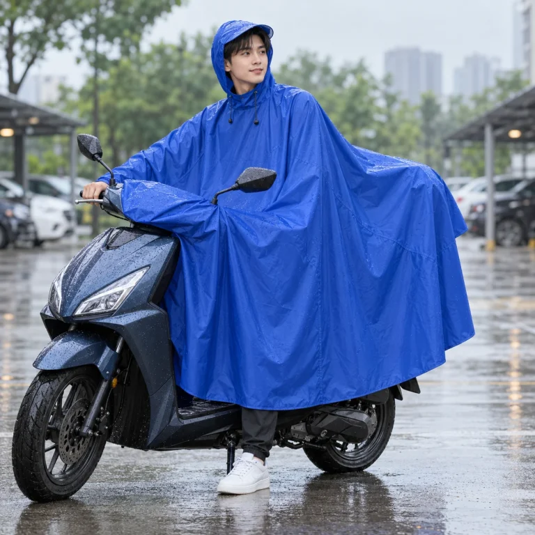 Áo Mưa Cánh Dơi Xanh Cobalt Hai Đầu Tiện Dụng với người mẫu Việt Nam