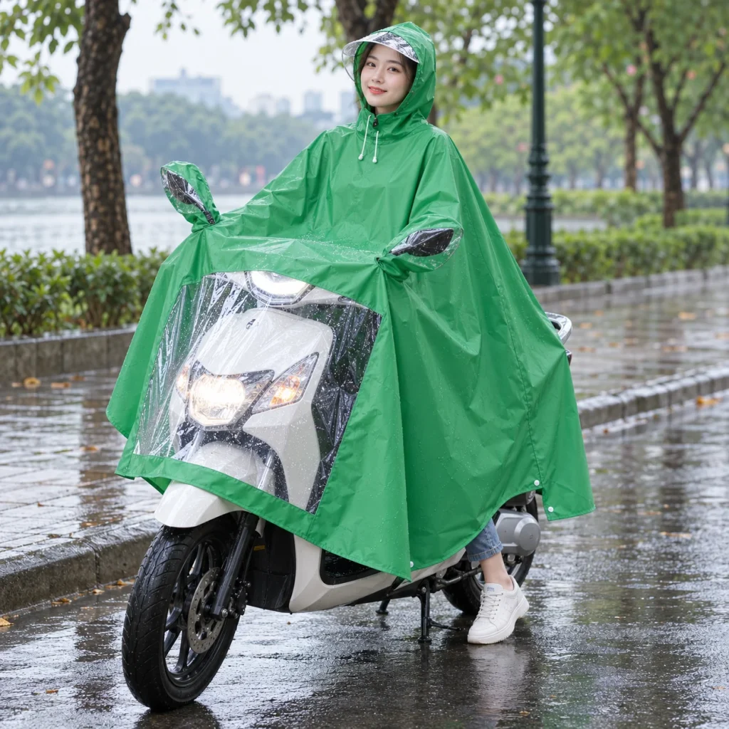 Áo Mưa Cánh Dơi Xanh Lá Kính Đèn Đi Xe Máy với người mẫu Việt Nam