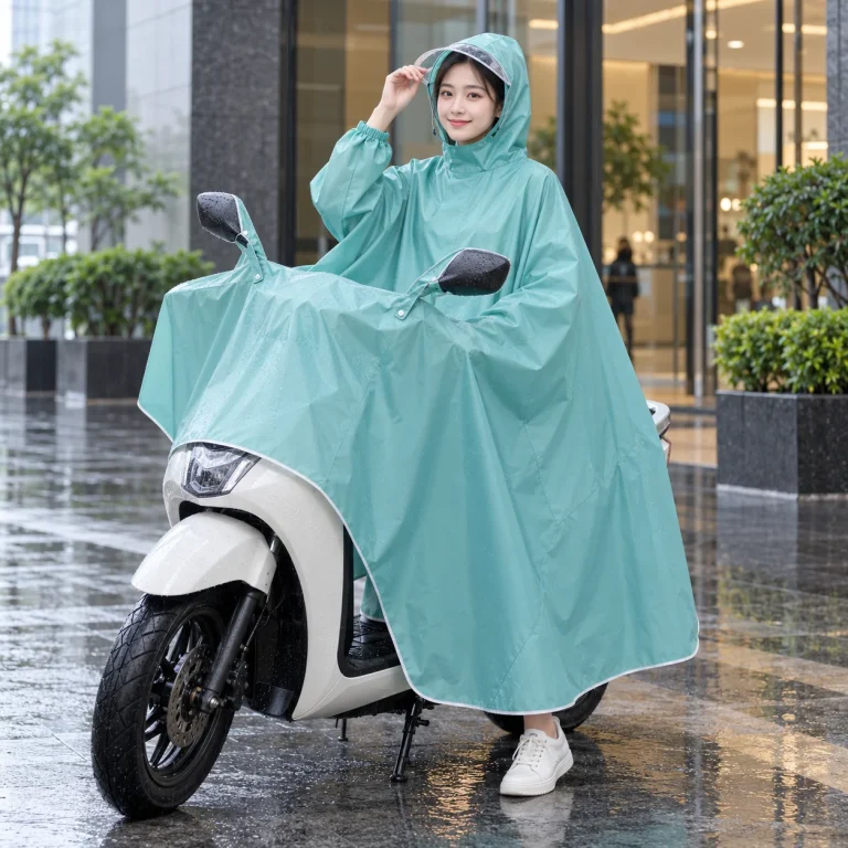 Áo Mưa Cánh Dơi Xanh Ngọc Tai Gương Thanh Lịch với người mẫu Việt Nam