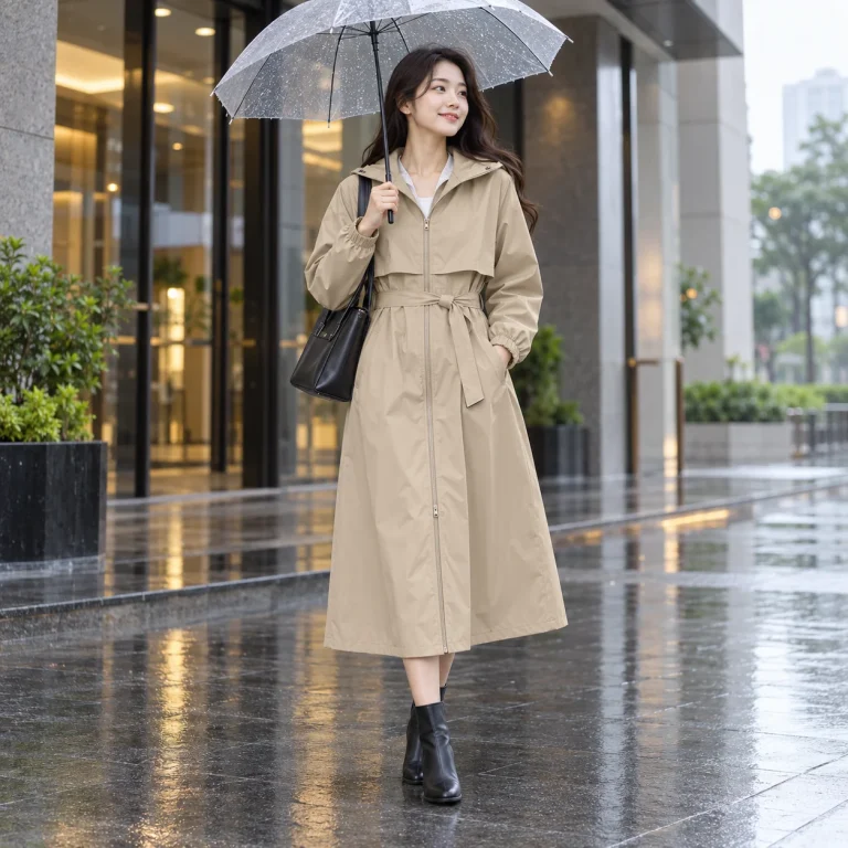 Áo Mưa Măng Tô Be Cát Dáng Dài Thanh Lịch với người mẫu Việt Nam