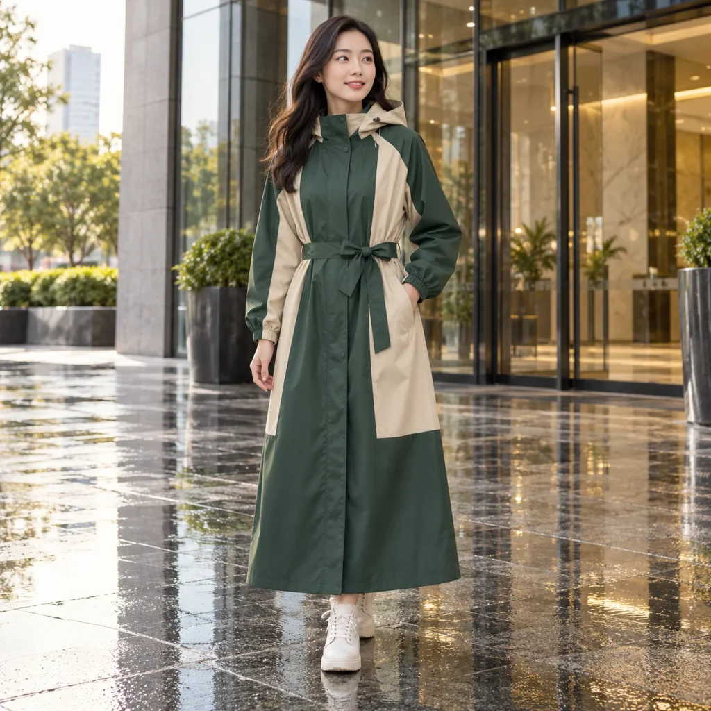 Áo Mưa Măng Tô Xanh Rêu Phối Be Có Đai