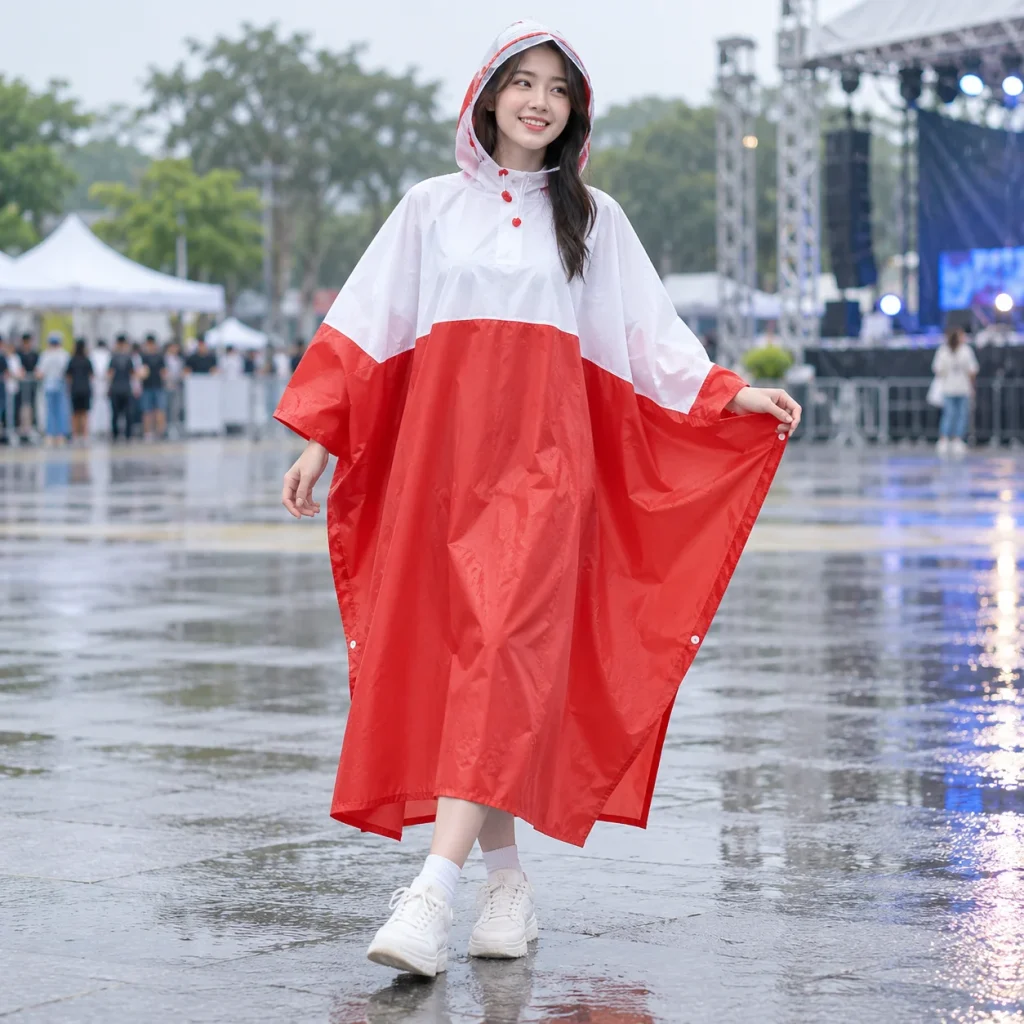 Áo Mưa Poncho Trắng Đỏ Gấp Gọn Năng Động với người mẫu Việt Nam