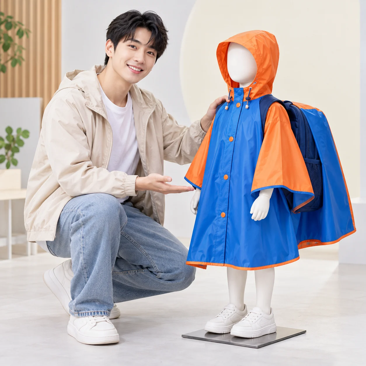 Áo Mưa Poncho Trẻ Em Xanh Cam Che Balo với người mẫu Việt Nam