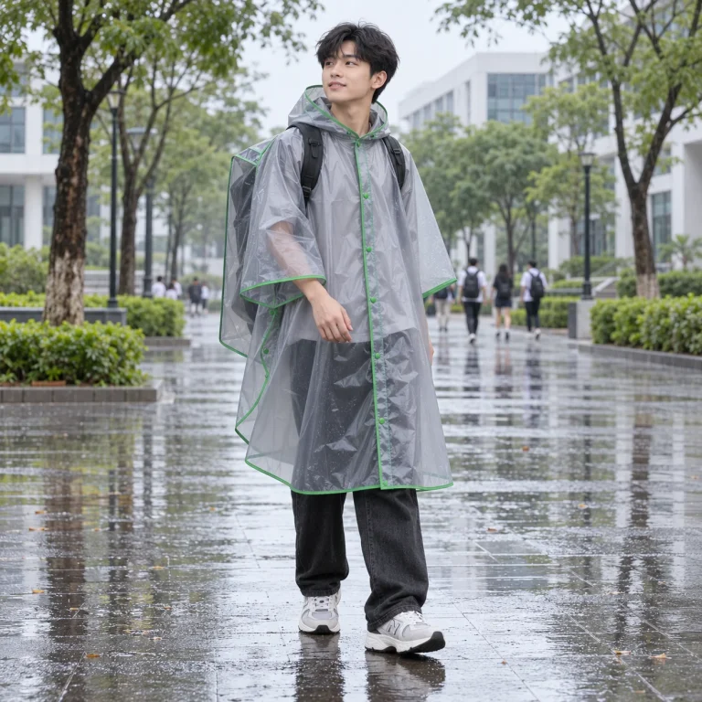 Áo Mưa Poncho Trong Viền Xanh Che Balo