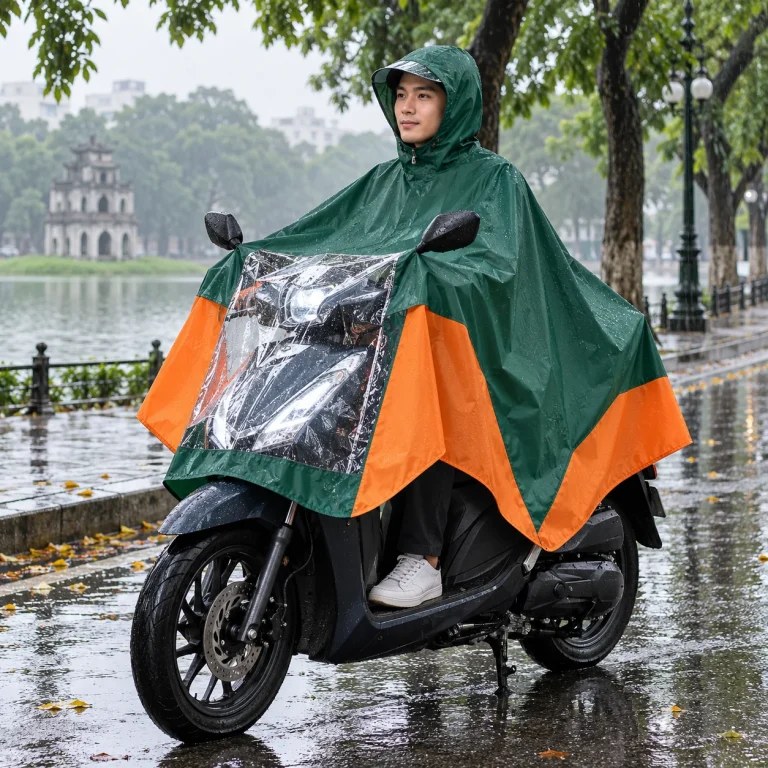 Áo Mưa Poncho Xanh Cam Ô Kính Trước Xe Máy