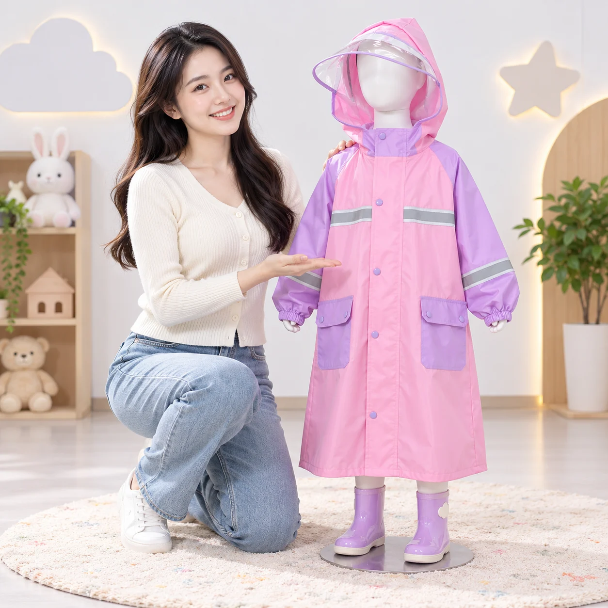 Áo Mưa Trẻ Em Hồng Tím Phản Quang Dễ Thương với người mẫu Việt Nam