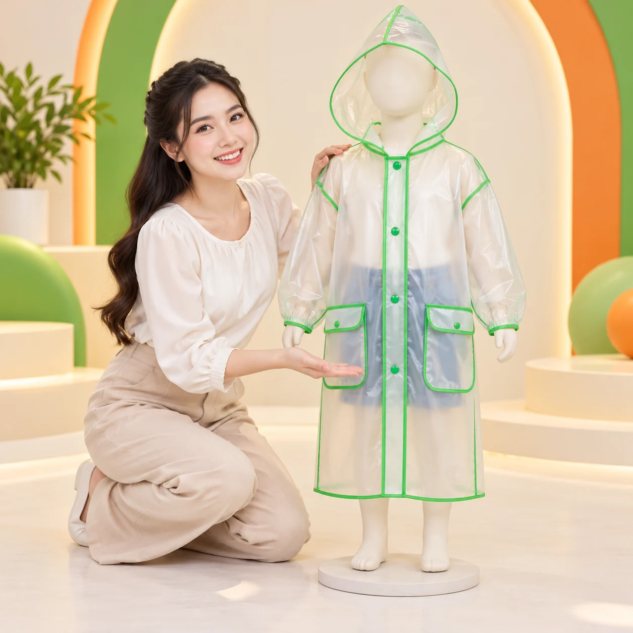 Áo Mưa Trẻ Em Trong Suốt Viền Xanh Gọn Nhẹ