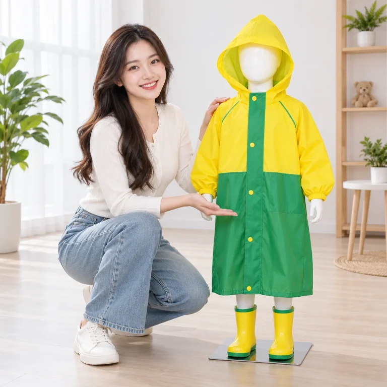Áo Mưa Trẻ Em Vàng Xanh Nhẹ An Toàn với người mẫu Việt Nam