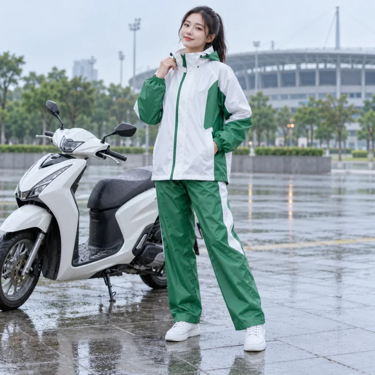 Bộ Áo Mưa Trắng Xanh Lá Phối Màu Năng Động với người mẫu Việt Nam