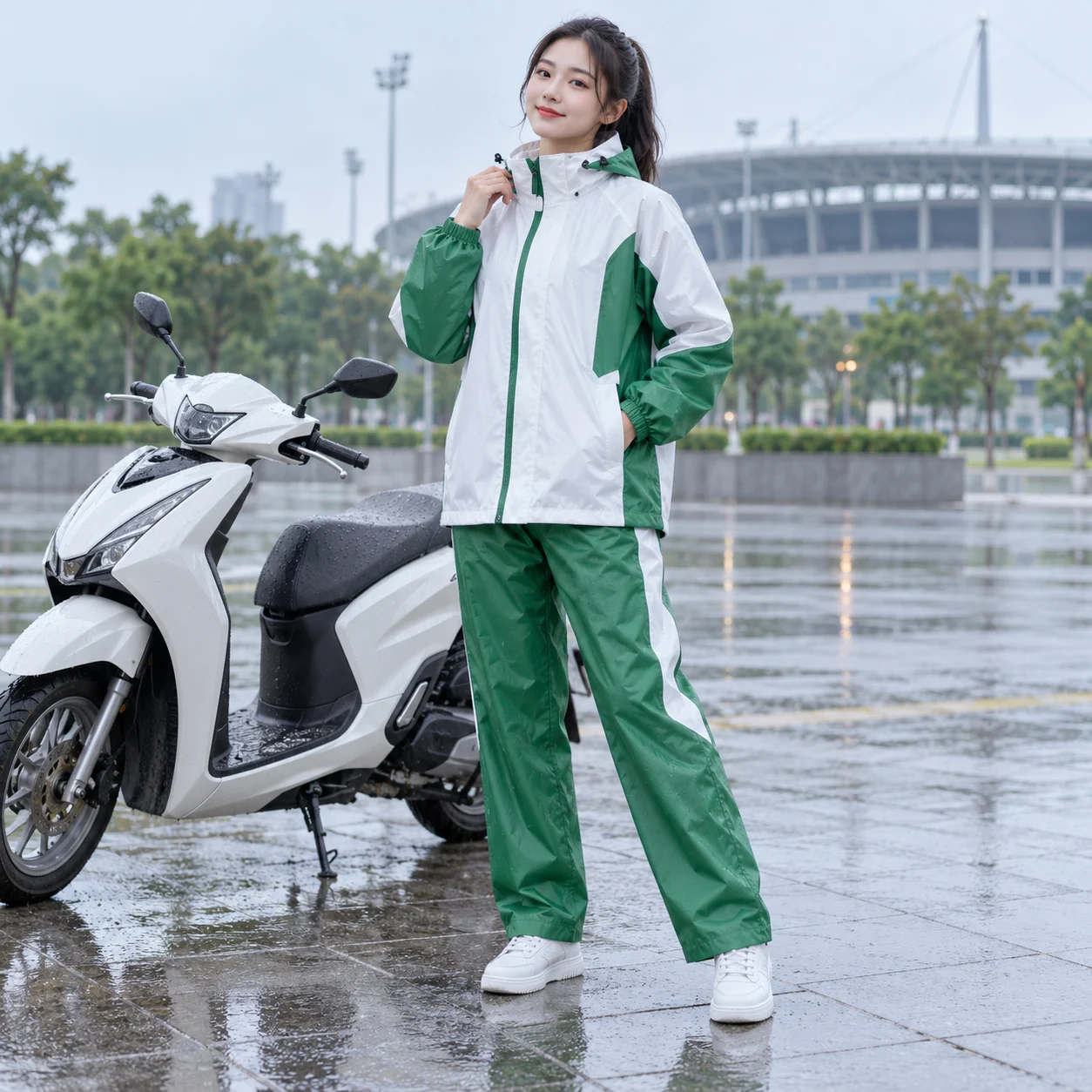 Bộ Áo Mưa Trắng Xanh Lá Phối Màu Năng Động với người mẫu Việt Nam
