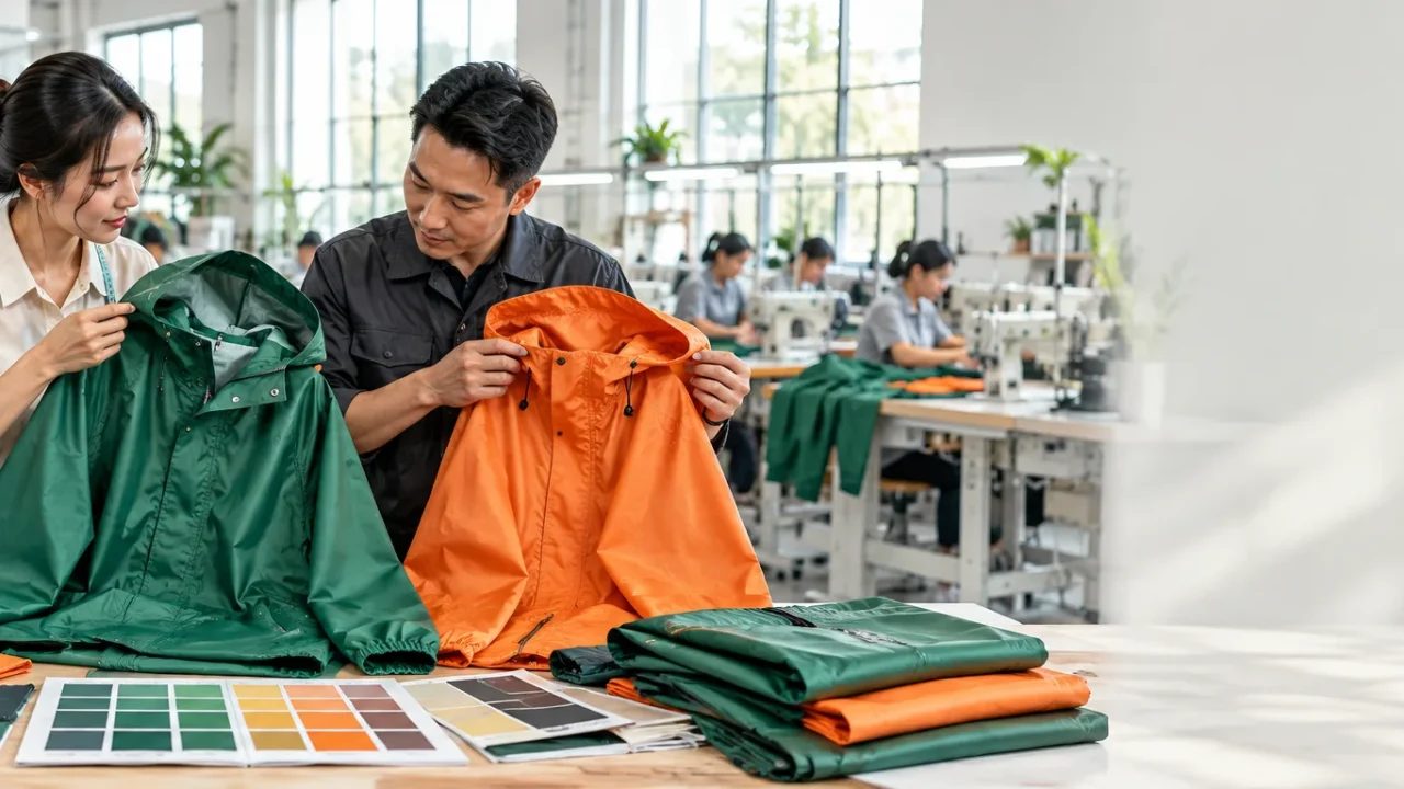 Xưởng sản xuất kiểm tra mẫu áo mưa theo yêu cầu