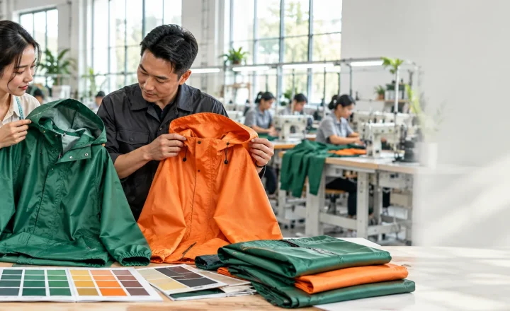 Xưởng sản xuất kiểm tra mẫu áo mưa theo yêu cầu
