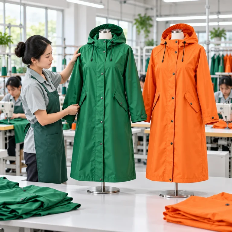 Nhân viên kiểm tra áo mưa tại xưởng sản xuất